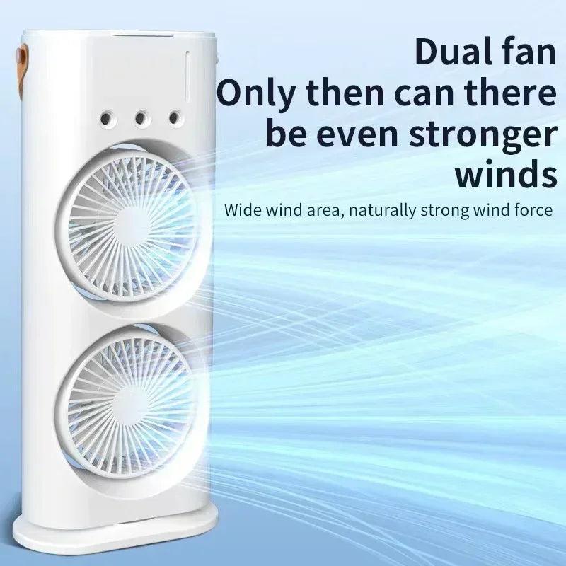 Electric Fan with Spray Cooling, Portable Air Conditioner Fan for Home/Desktop, 3-Hole Mist Fan LED Light, Dual Blades Mini Fan