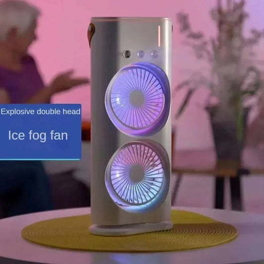 Electric Fan with Spray Cooling, Portable Air Conditioner Fan for Home/Desktop, 3-Hole Mist Fan  LED Light, Dual Blades Mini Fan
