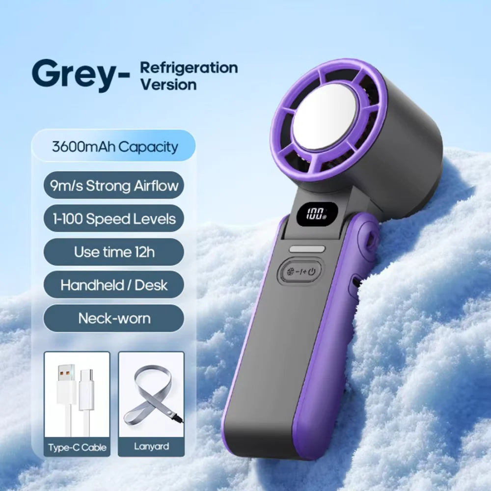 3600mAh Rechargeable Electric Handheld Fan 100 Speeds Adjustable Portable Outdoor Foldable Mini Air Cooling Turbo Fan w/ Lanyard