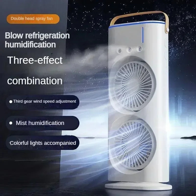 Electric Fan with Spray Cooling, Portable Air Conditioner Fan for Home/Desktop, 3-Hole Mist Fan  LED Light, Dual Blades Mini Fan